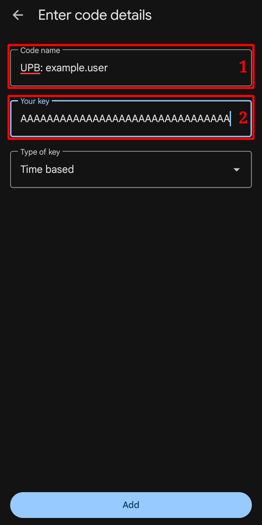 Configurare manuală OTP în Google Authenticator