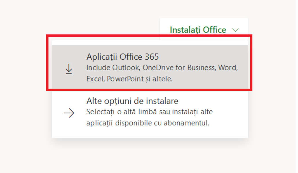Opțiuni descărcare Office