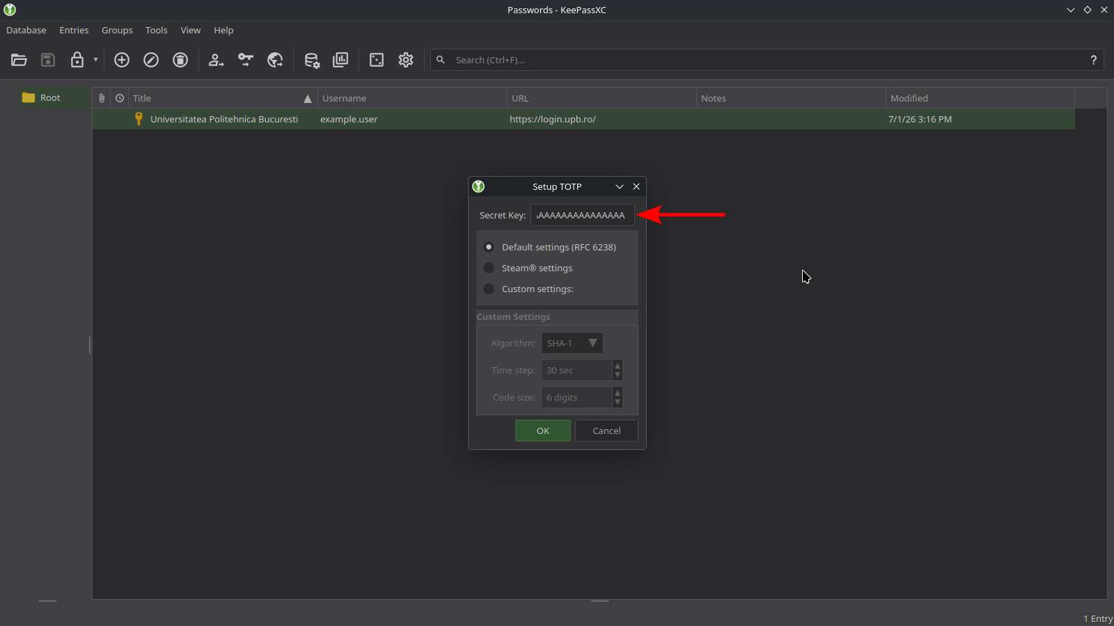 Configurarea codului TOTP pentru o intrare în KeepassXC