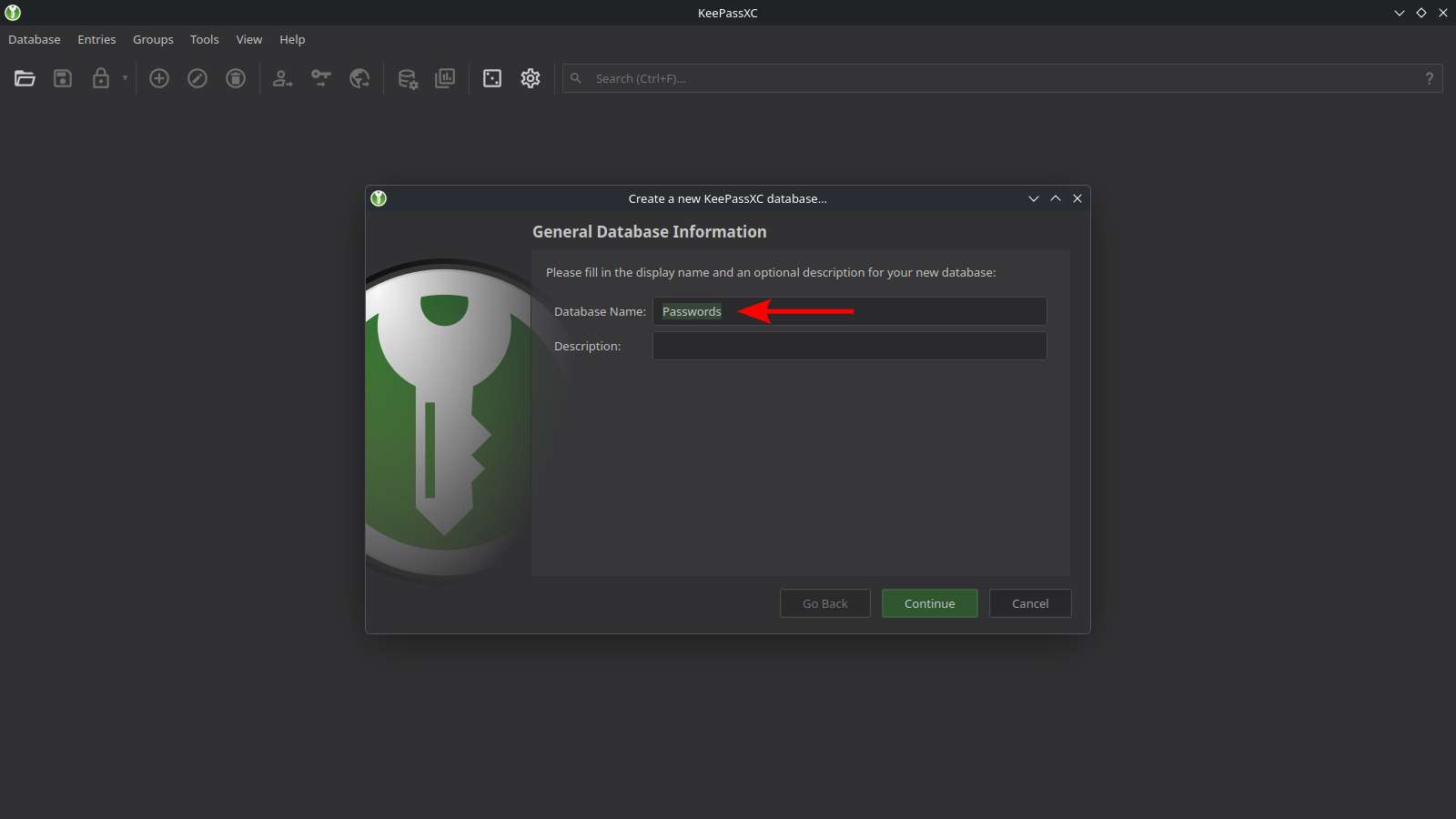 Creare bază de date KeepassXC