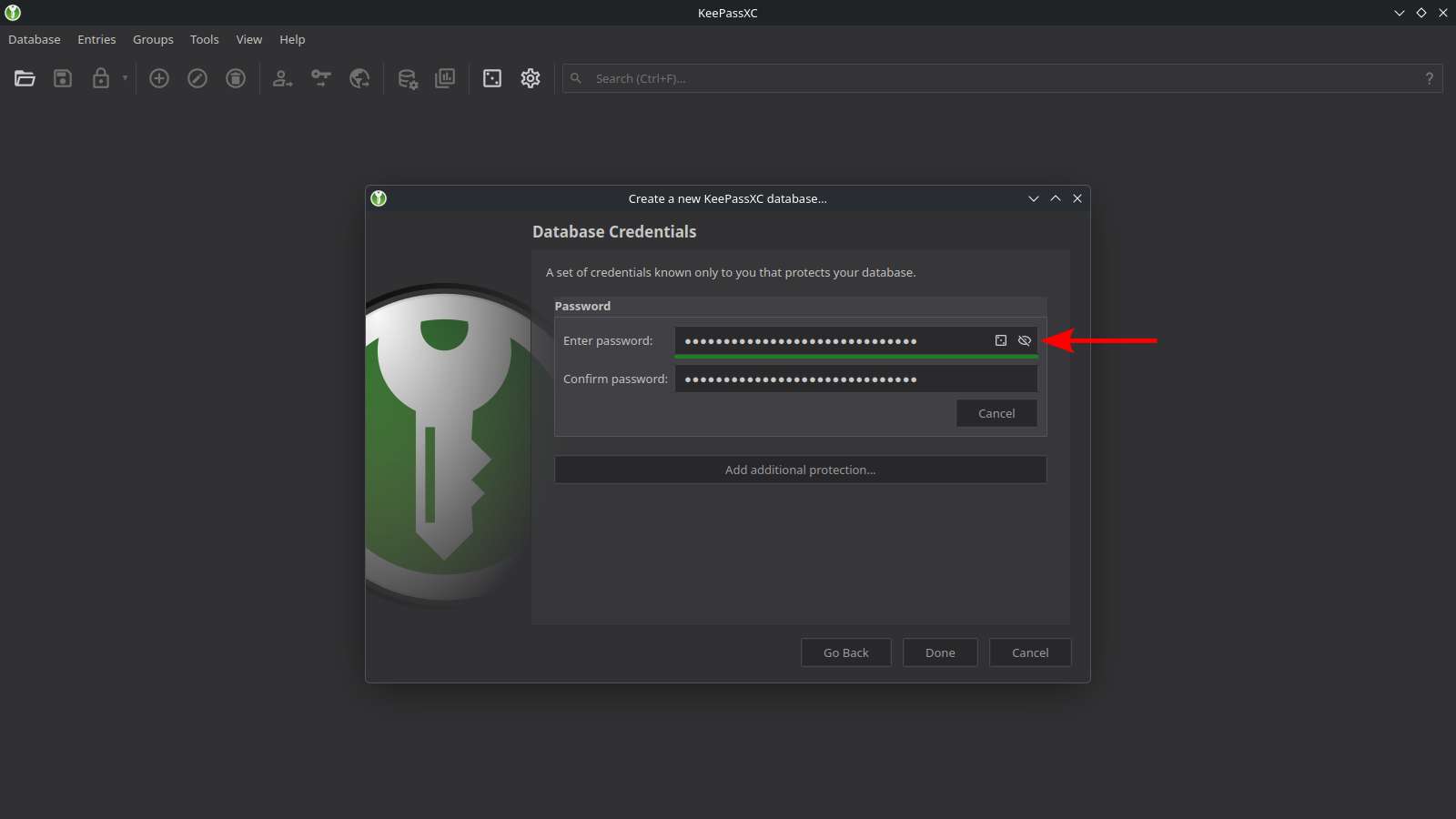 Configurare parolă criptare bază de date KeepassXC