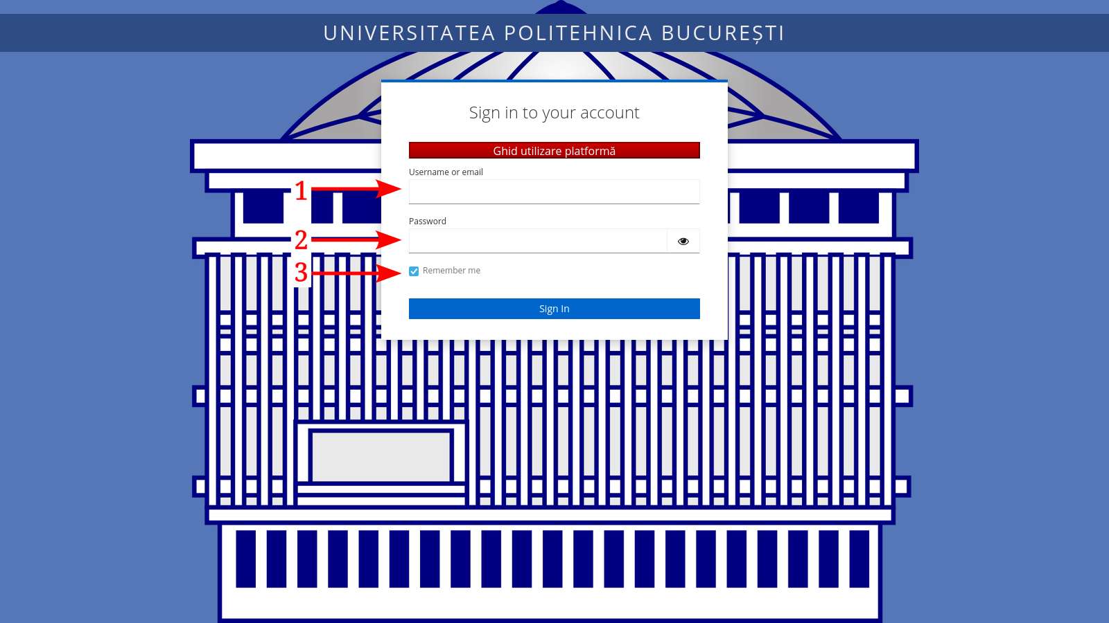 Pagină autentificare login.upb.ro (nume de utilizator și parolă