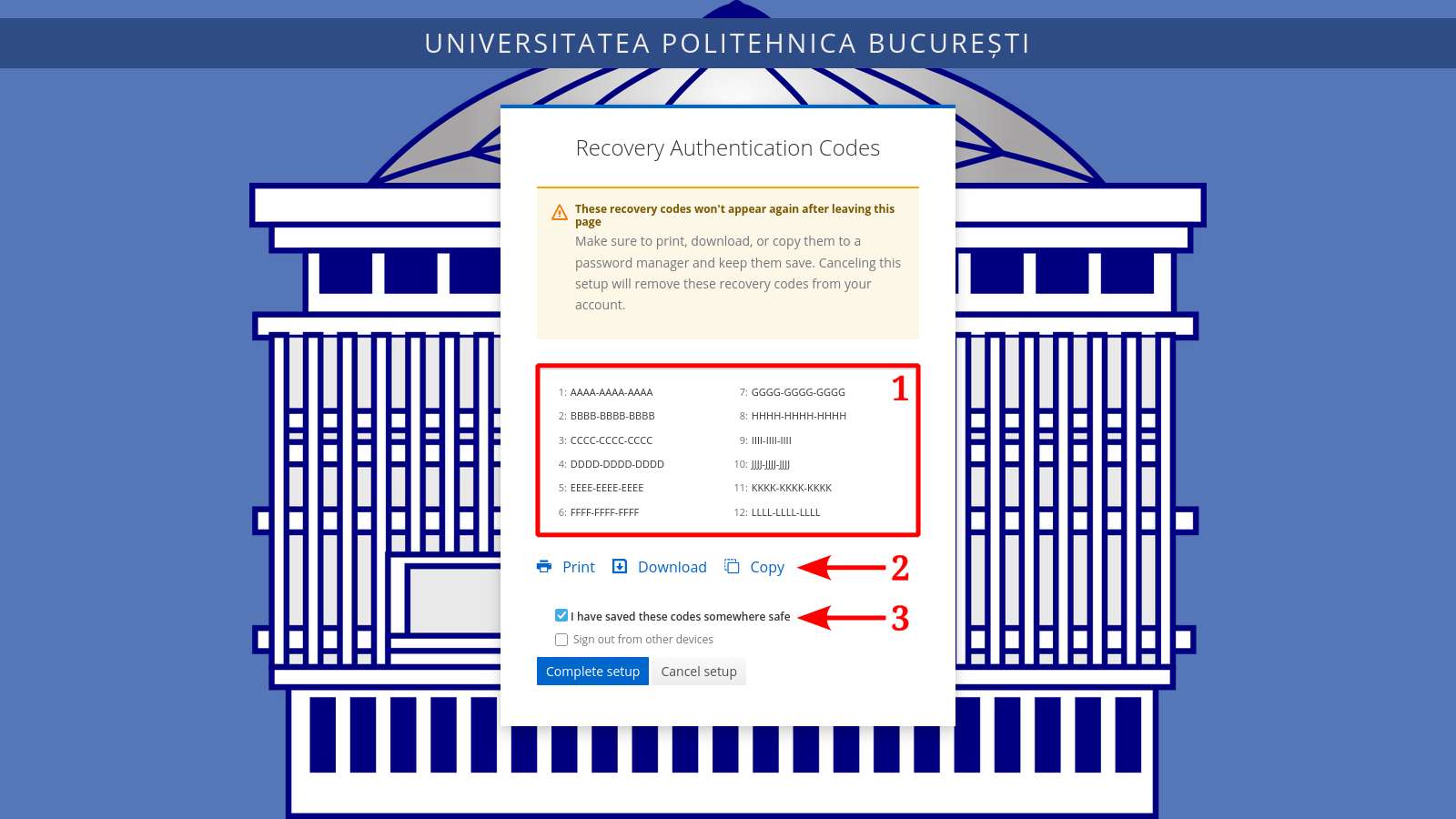 Înregistrarea codurilor de recuperare a accesului