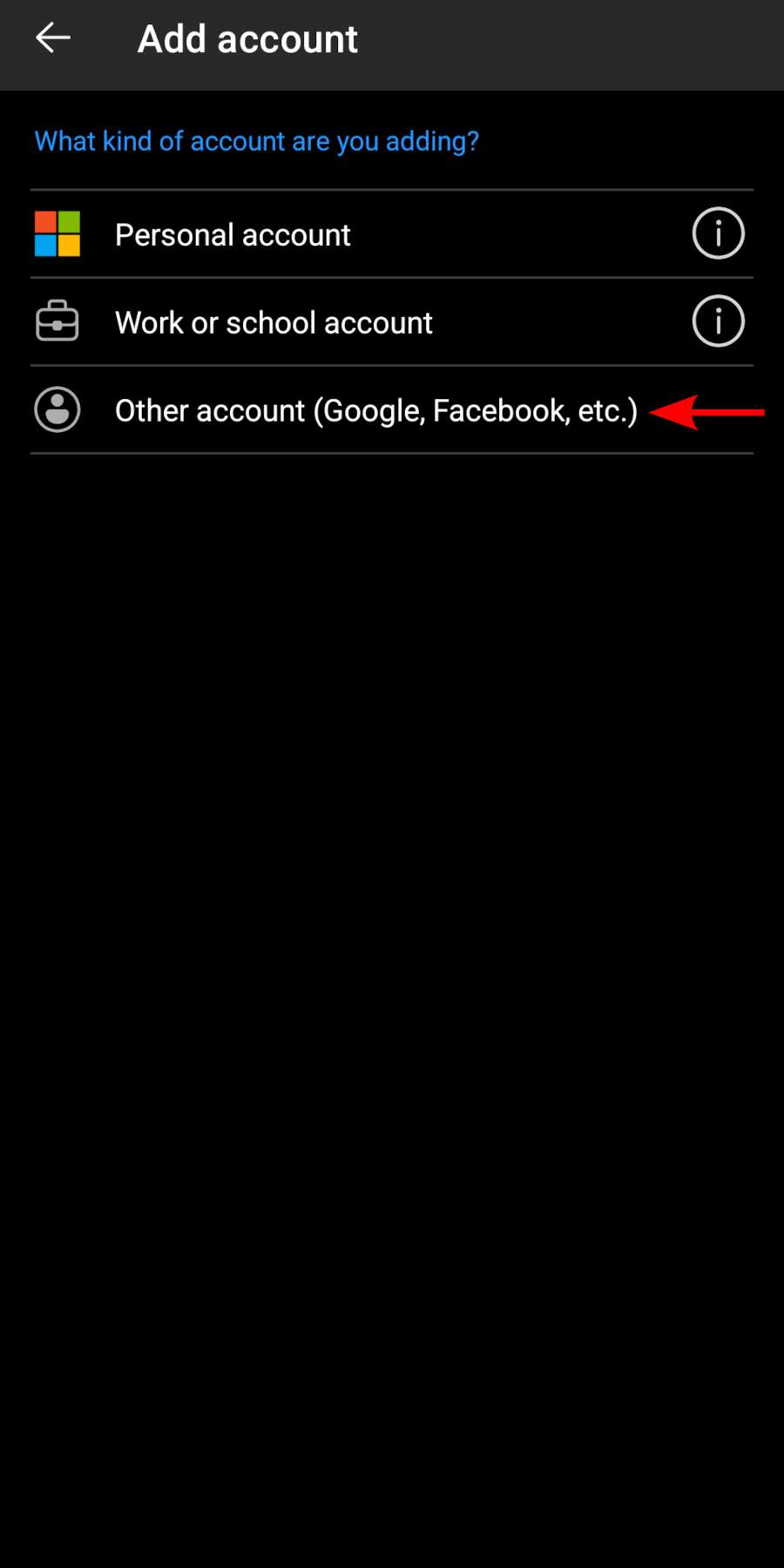 Alegere tip cont Microsoft Authenticator