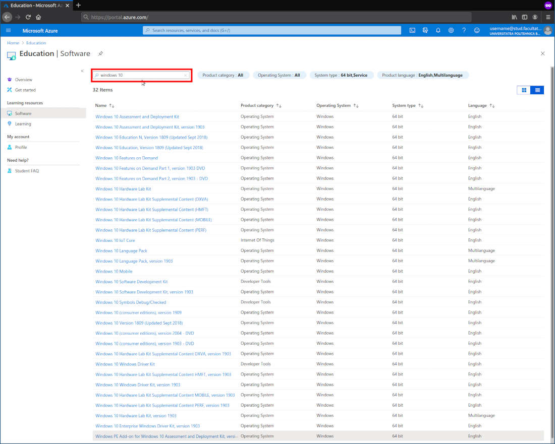 Căutare software în Azure Education Hub