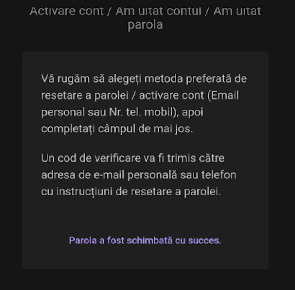 Mesaj confirmare schimbare parolă