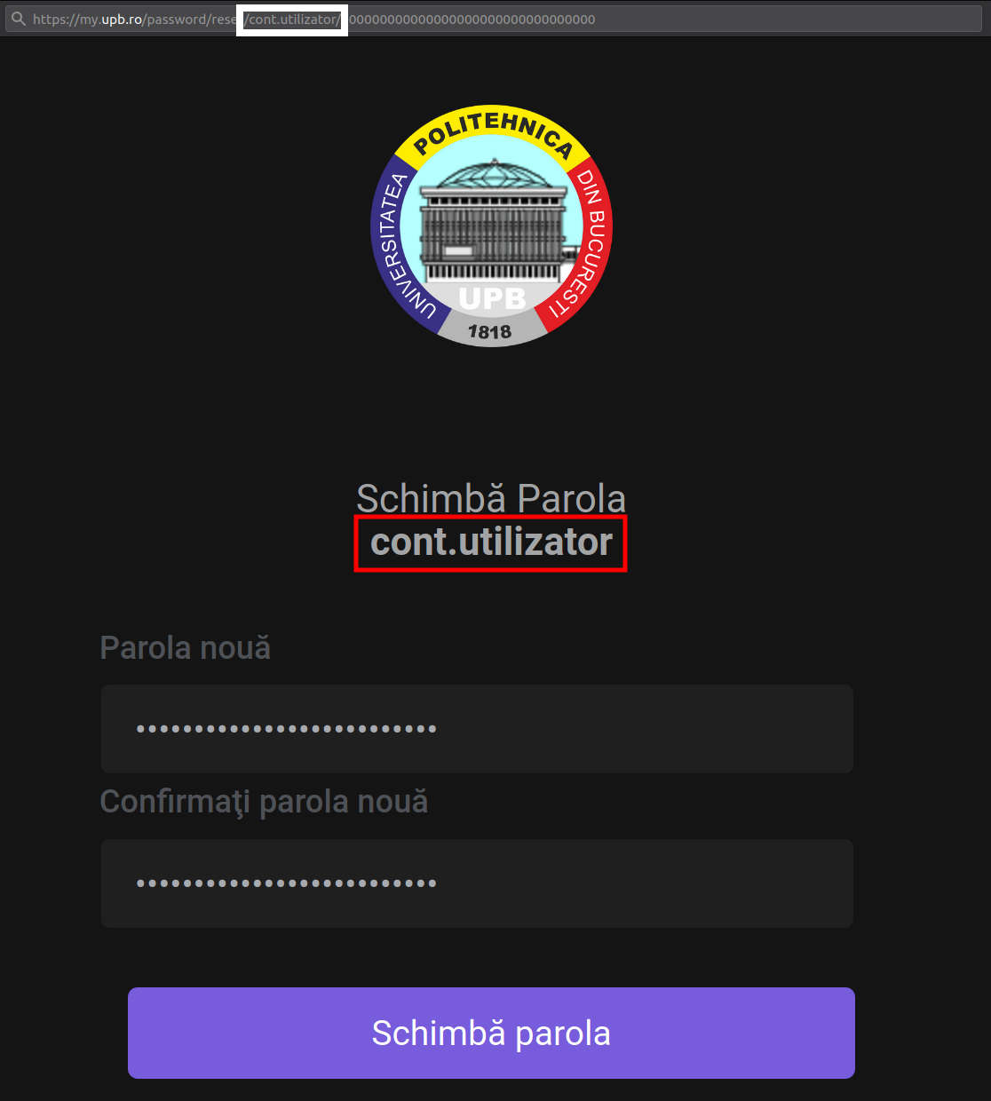 Pagină schimbare parolă