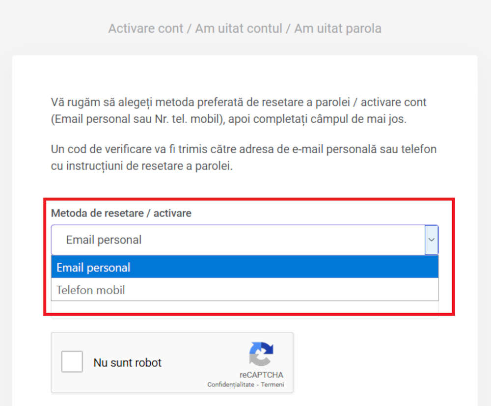 Alegere metodă de activare a contului