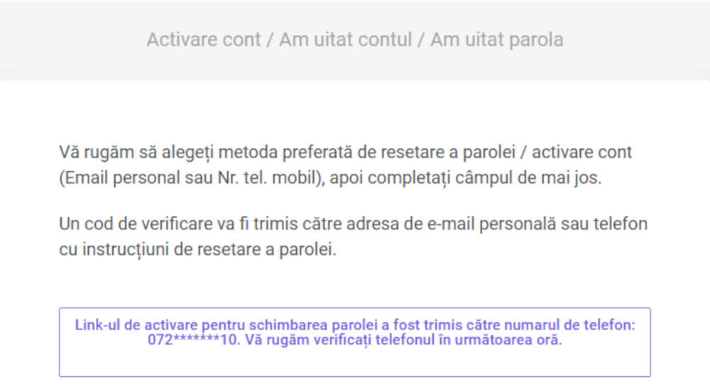 Confirmare trimitere mesaj schimbare parolă
