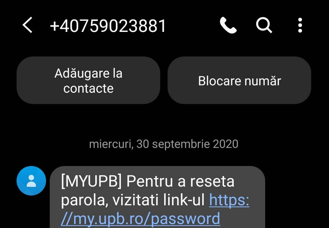 Mesaj de schimbare a parolei trimis prin SMS