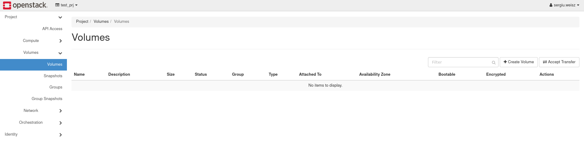 OpenStack Volumes Menu